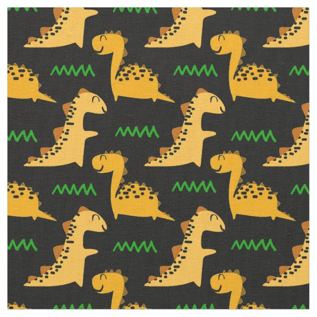 Braune Dinosaurier mit Grün auf Schwarz Stoff (Nahaufnahme)