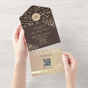 Braune Espresso-Lichterkette QR Foto-Hochzeit All In One Einladung