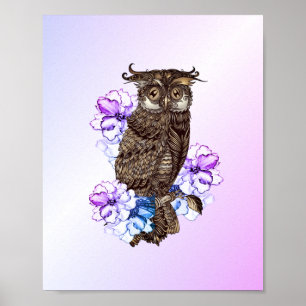 Braune Eule lila Blumen  Poster