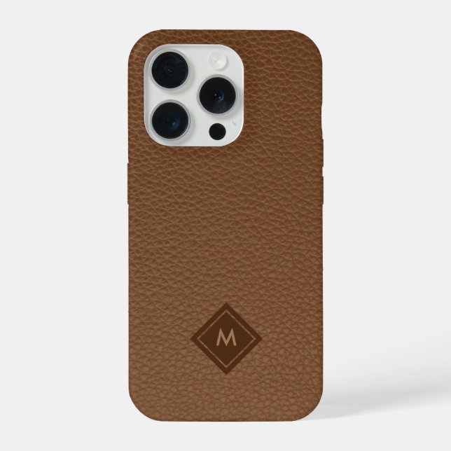 Braune Faux-Leder-Textur Monogramm iPhone Hülle (Rückseite)