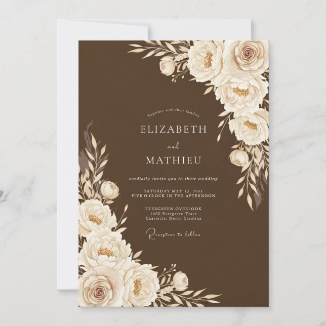 Braune Florale Hochzeitsromantik Einladung (Vorderseite)