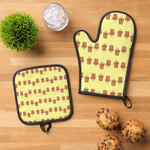 Braune Geschenkboxen mit Herzmuster Ofenhandschuh & Topflappen-Set