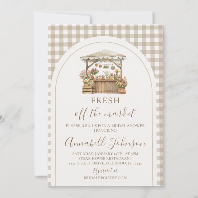Braune Gingham Frisch Vom Markt Brautdusche Einladung (Vorderseite)