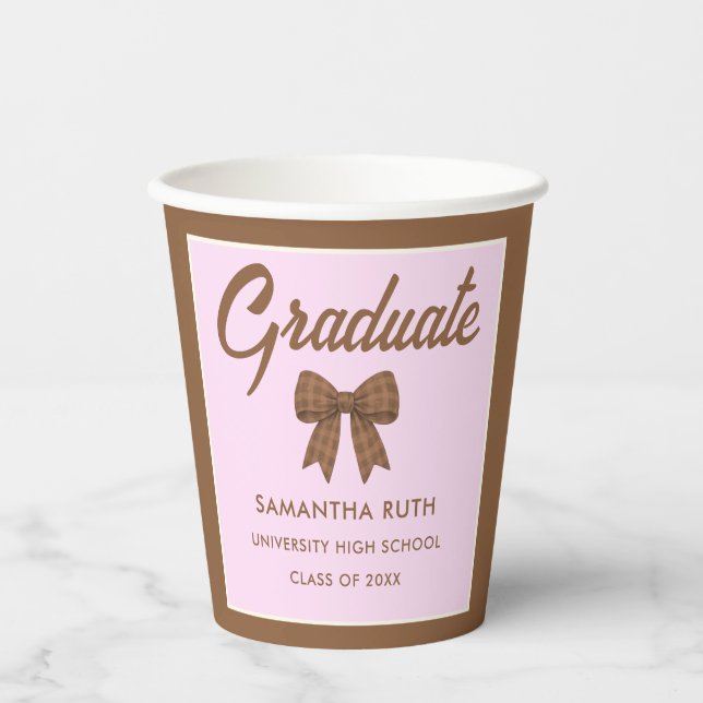 Braune Gingham-Schleifen-Abschlussfeier-Papierbech Pappbecher (Vorderseite)