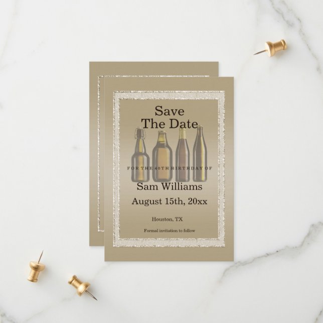 Braune Glitzer und Birthday Beers Save The Date (Vorderseite/Rückseite Beispiel)