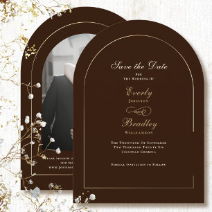 Braune Gold-Bogen Champagner Save-the-Date-Hochzei Einladung