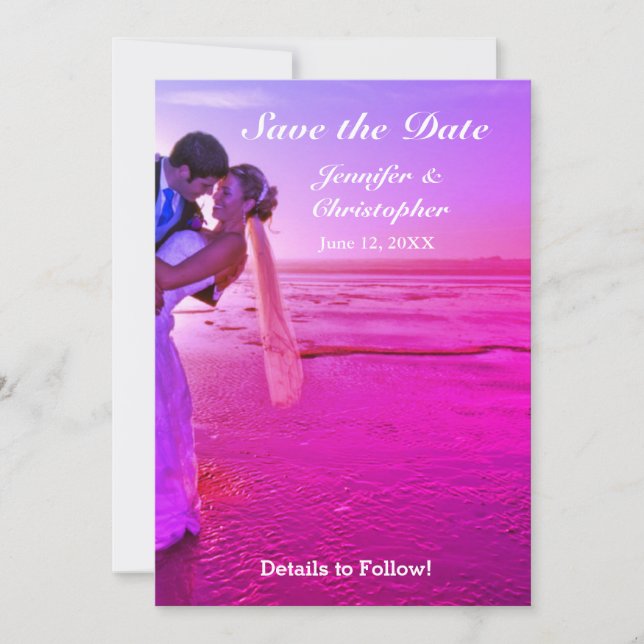 Bräune & Groom Lila Sunset Beach Save the Date (Vorderseite)