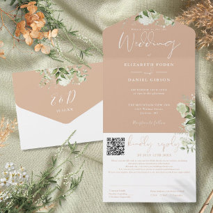 Braune Grüner Monogramm QR-Code Hochzeit All In One Einladung