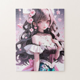 Braune Haarbühe mit rosa Blume im Haar Puzzle