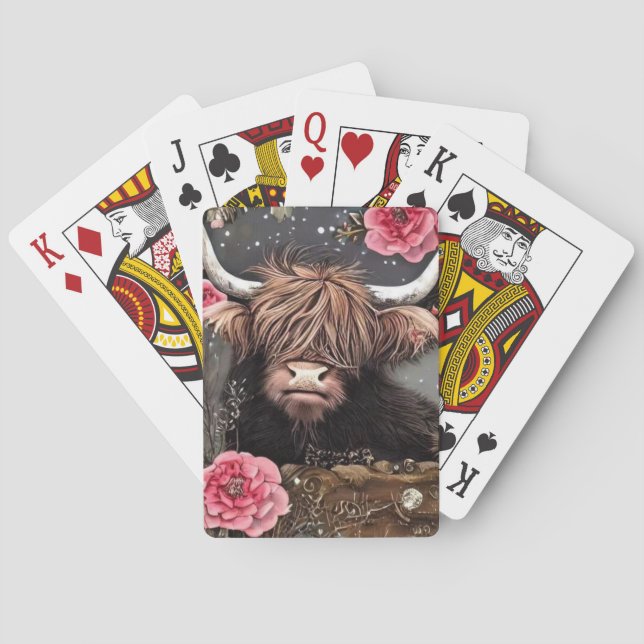 Braune Heifer mit rosa Rosen Spielkarten (Rückseite)