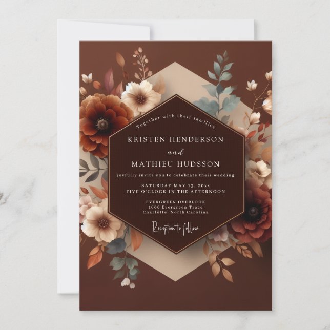 Braune herbstliche Blütenhochzeit Einladung (Vorderseite)