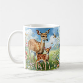 Braune Hirsche Doe Fawn Stehend in Wildblumen Tass Kaffeetasse