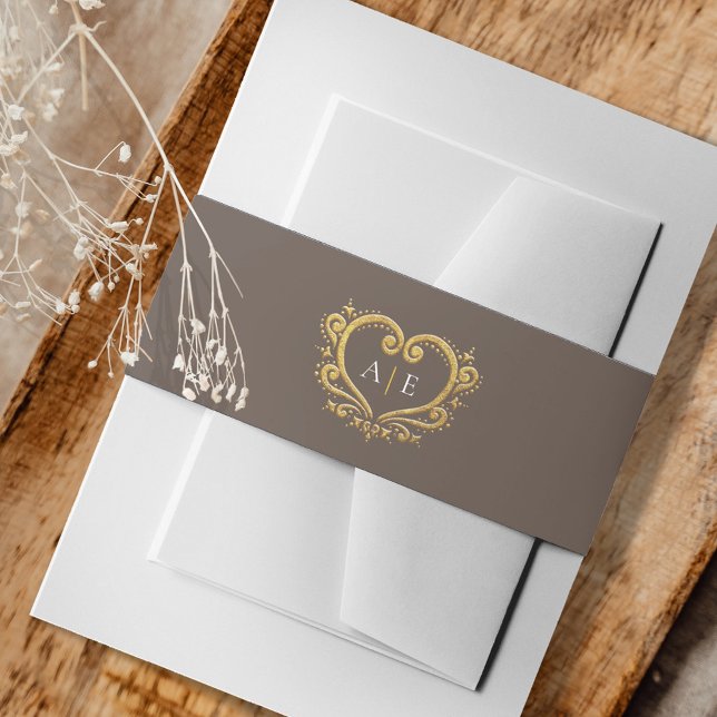 Braune Hochzeit mit goldfarbenem Herz Einladungsbanderole (Von Creator hochgeladen)