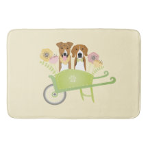 Braune Hunde in Schubkarren Frühlingsblumen