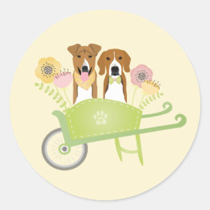 Braune Hunde in Schubkarren Frühlingsblumen Runder Aufkleber