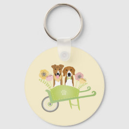 Braune Hunde in Schubkarren Frühlingsblumen Schlüsselanhänger