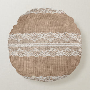 Braune Jute Leinen Weiß Spitze Textur Rundes Kissen