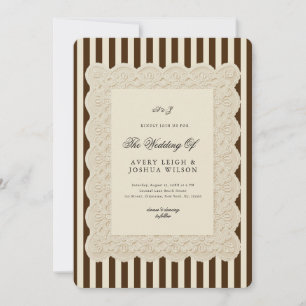 Braune Kaffeestreifen & Spitze Vintage-Hochzeit Einladung