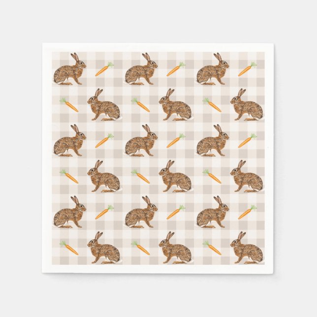 Braune Kaninchen und Karotten Rustikales Beige Gin Serviette (Vorderseite)