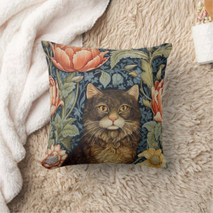 Braune Katze und Pfingstrosen Art Nouveau Kissen