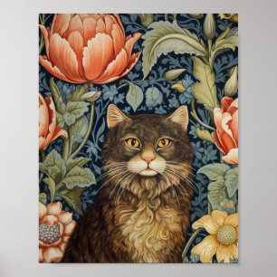Braune Katze und Pfingstrosen Art Nouveau Poster