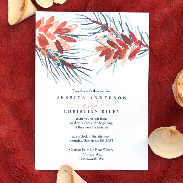 Braune Kiefernzapfen, Kiefernnadeln Einladungen fü (winter pinecones, pine needles wedding invitations, terracotta, pink, brown wedding color palette )