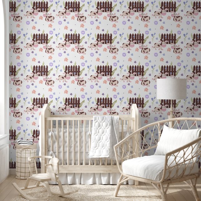 Braune Kuh und Zaun Tapete (Kinder)