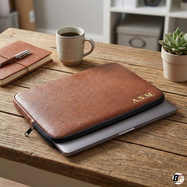 Braune Lederoptik-Monogramm personalisiert Laptopschutzhülle (Von Creator hochgeladen)
