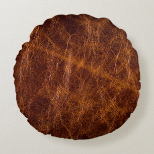 Braune Ledertextur, abstrakt, kunstvoll, künstlich Rundes Kissen