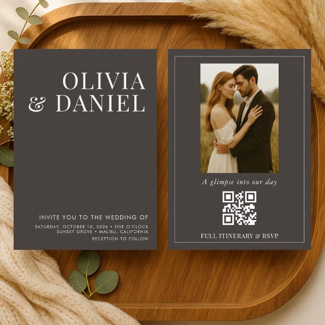 Braune minimalistische Foto-QR-Code-Hochzeit im Mo Einladung (Von Creator hochgeladen)