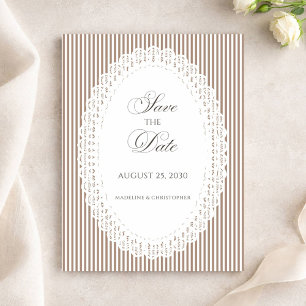 Braune Mocha-Streifen-Spitzen-Doily-Hochzeit Save The Date