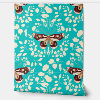 Braune Moth & Cream Foliage Tapete auf Türkis