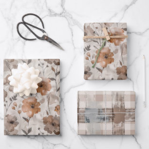 Braune Orange Creme Blumen Streifen Geburtstag Geschenkpapier Set