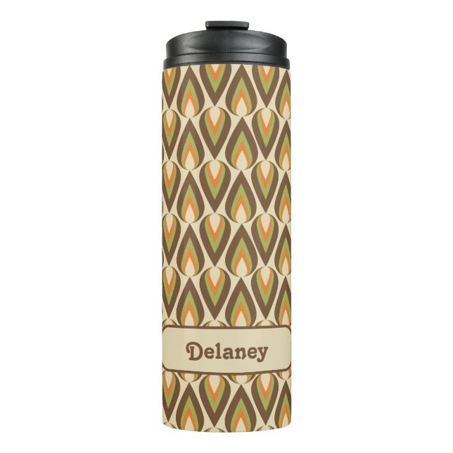 Braune, orange, grüne Retro geometrische Teardrops Thermosbecher (Vorderseite)