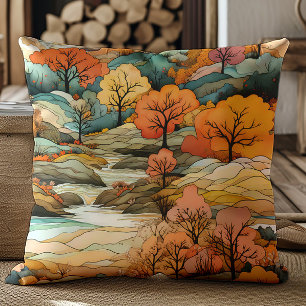 Braune Orange Herbst Fluss Bäume Landschaft Kissen