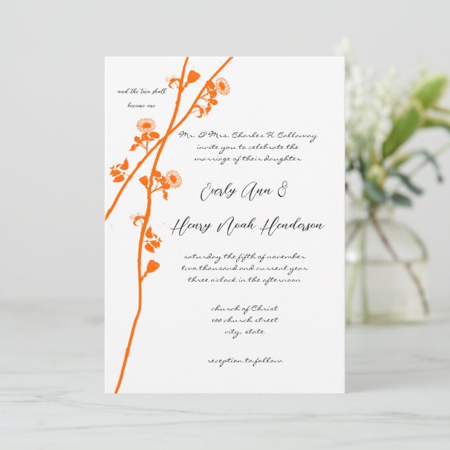 Braune Orange Wild Blume Branch Wedding Einladung (Stehend Vorderseite)