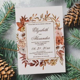 Braune orangefarbene Blumenblätter Hochzeit im Win Einladung