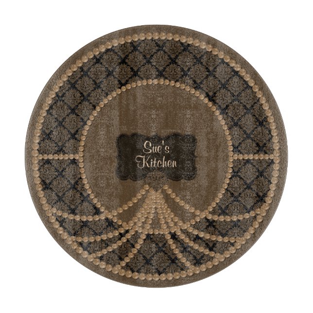 Braune Perle Damask Round Glass Cutting Board Schneidebrett (Vorderseite)