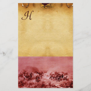 BRAUNE PFERDE GRASEN AUF PERGAMENT MIT MONOGRAMM R BRIEFPAPIER