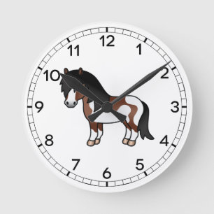 Braune Pinto-Shetlandpony-Cartoon-Illustration Runde Wanduhr