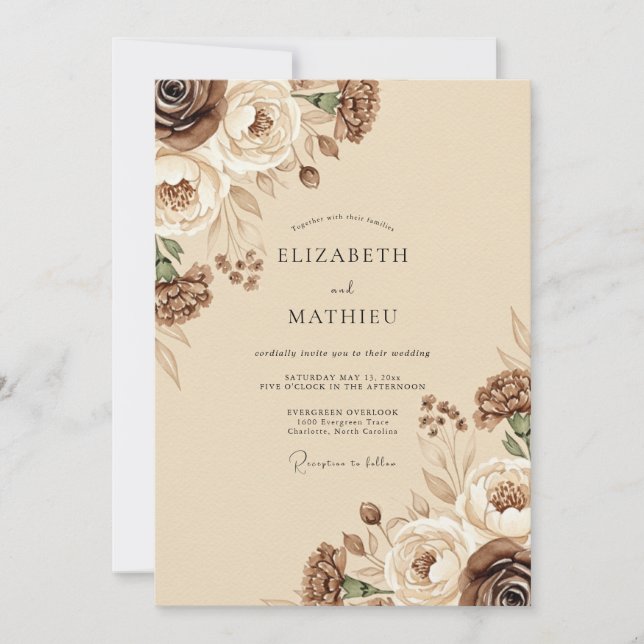 Braune Rustikale Florale Hochzeit Einladung (Vorderseite)