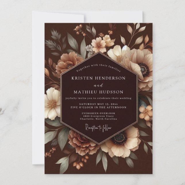 Braune Rustikale Hochzeit mit Blumen Einladung (Vorderseite)