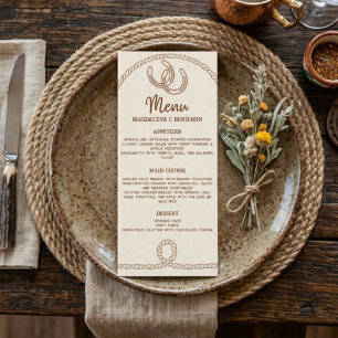 Braune Rustikale Western-Seil-Huheisen-Hochzeit Menükarte