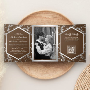Braune Silber-Blüten-Hochzeit mit QR-Code Dreifach Gefaltete Einladung