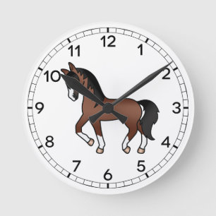 Braune süße Cartoon-Trab-Pferd-Illustration Runde Wanduhr