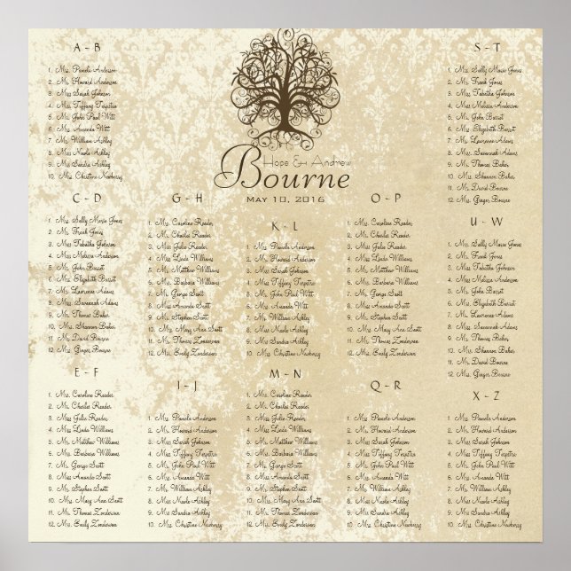Braune Swirl Tree Seating Chart 12 Tische Poster (Vorne)