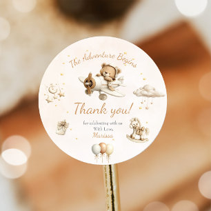 Braune Teddybär-Flugzeug-Baby-Party  Runder Aufkleber