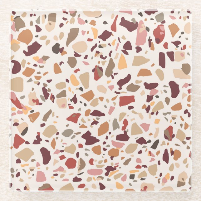 Braune Terrazzo: Vintages, trendiges Muster. Glasuntersetzer (Vorderseite)