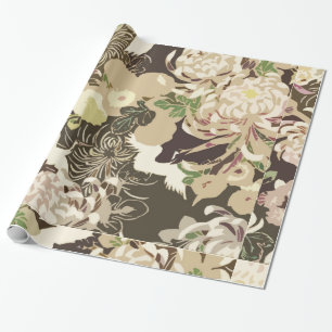 Braune und beige Blumen und Vögel im Vintage-Stil Geschenkpapier