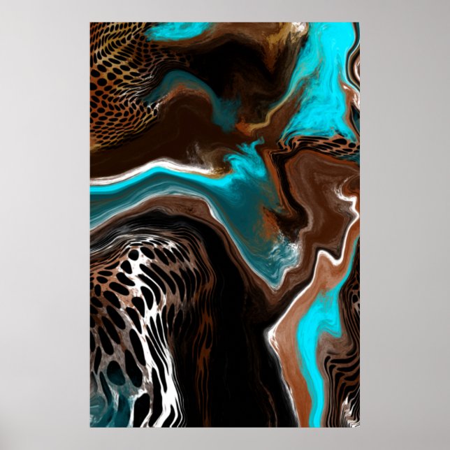 Braune und blaue Marmorflüssigkeit Kunst Poster (Vorne)